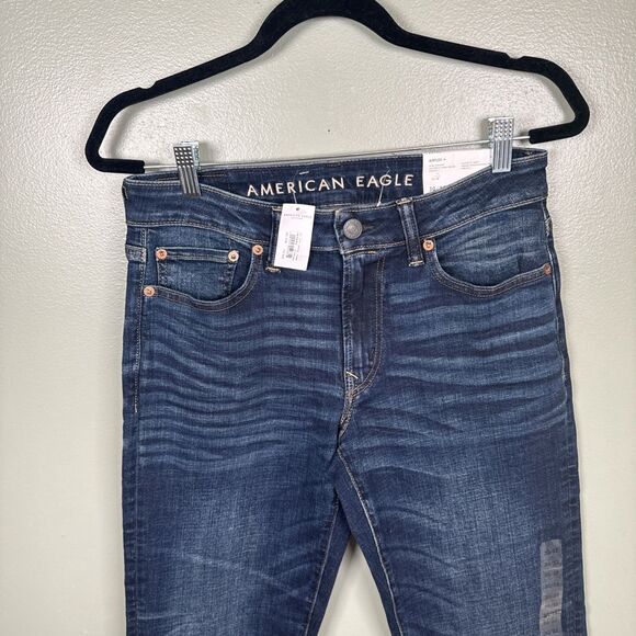 NWT American Eagle Airflex + Slim Straight Jeans Men 30x32 Authentic Dark Indigo - Picture 3 of 11